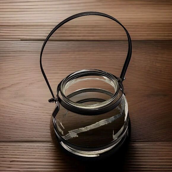 Black Metal Clear Glass Hanging / Tabletop Lantern Candle Holder 5” Tall Heavy - Picture 3 of 11